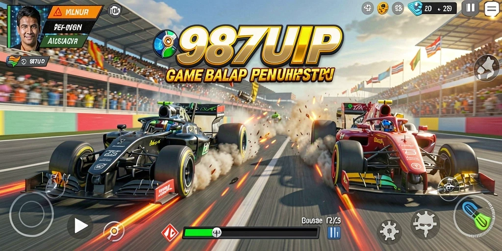 Tangkapan layar menunjukkan aksi balap seru di 987UP.