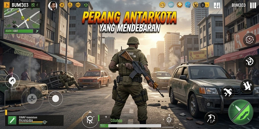 Screenshot utama BUMI303 menampilkan aksi pertempuran FPS yang intens.