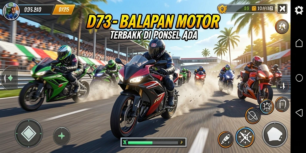 Screenshot D73 menampilkan aksi balapan motor yang memukau.