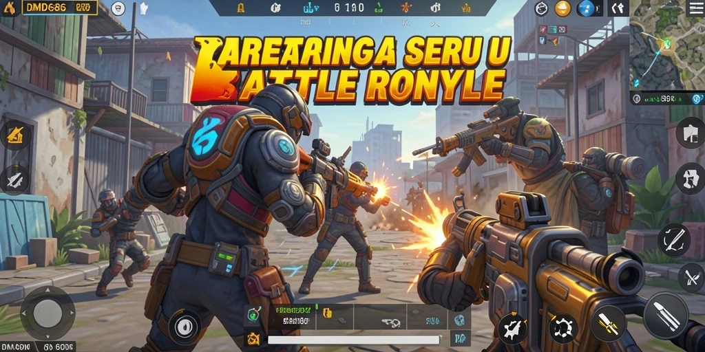 Screenshot gameplay DMD686 menampilkan aksi seru di arena Battle Royale.