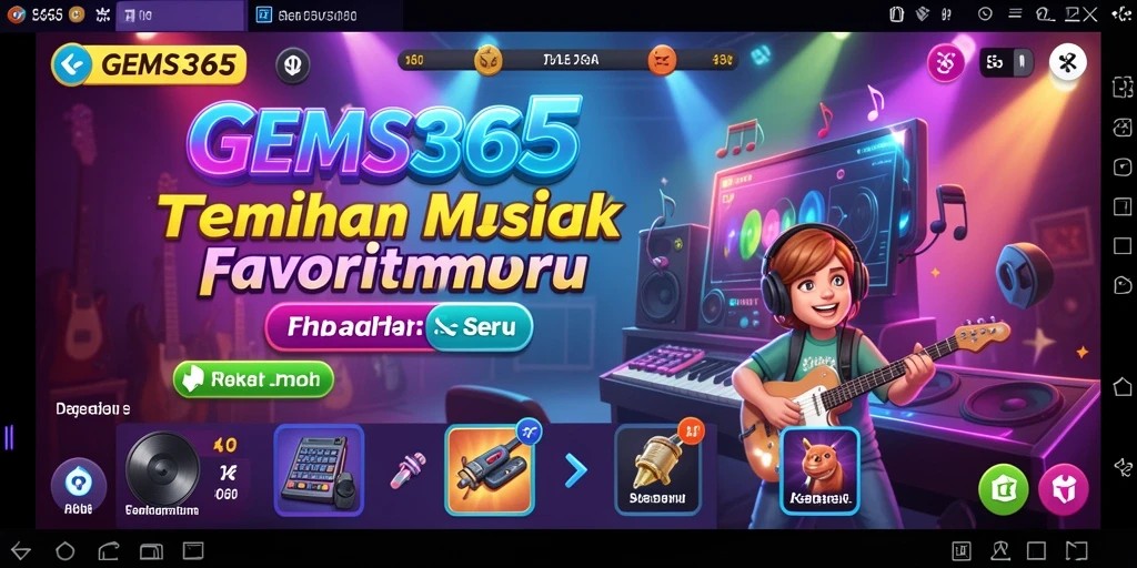Tampilan gameplay GEMS365 dengan berbagai lagu musik menarik.