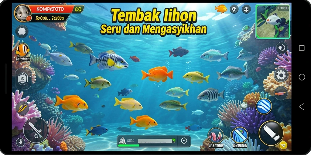 Screenshot gameplay <strong>KOMPASTOTO</strong> menunjukkan keseruan menembak ikan.