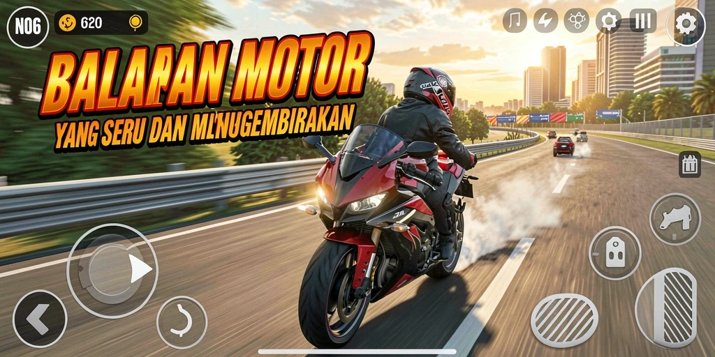 Tampilan utama N06 menampilkan aksi balapan motor yang seru dan mendebarkan.