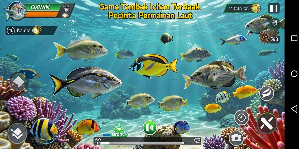 Screenshot utama gameplay OKWIN yang menampilkan aksi seru menembak ikan.