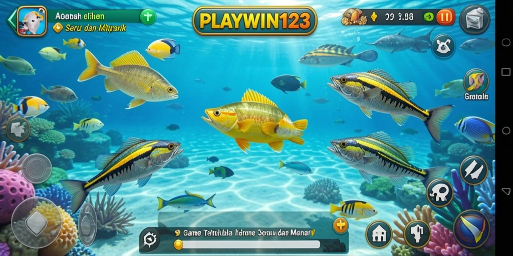 Screenshot gameplay PLAYWIN123 yang menampilkan aksi menembak ikan