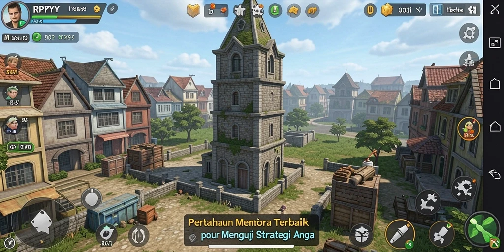 Screenshot gameplay RPYYY menampilkan pertempuran menara pertahanan yang seru.